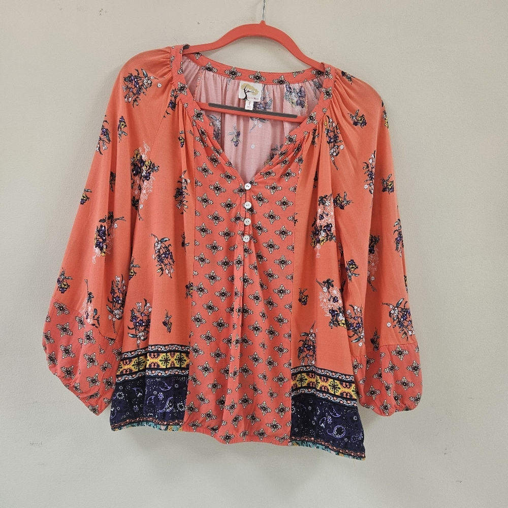 Anthropologie Fig & Flower Boho Blouse Women Sz L Floral Fairy Balloon Sleeve